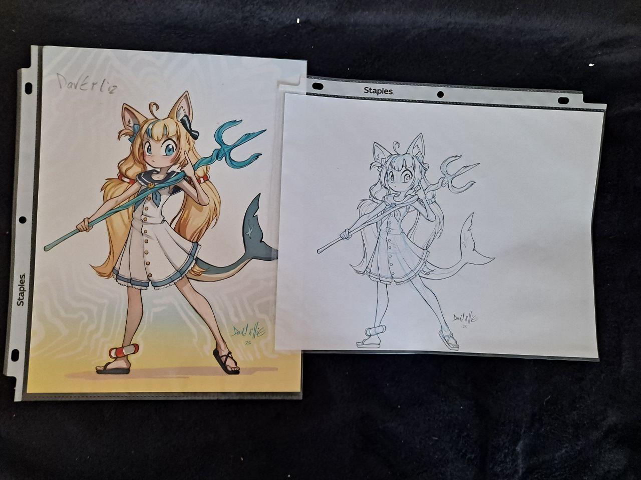 ORIGINAL ART Anime Fish Girl Pencils and Print